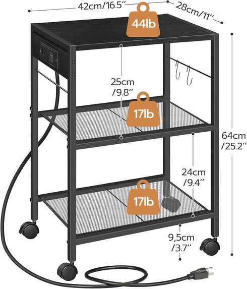 HOOBRO Industrial Printer Stand, 3-Tier Mobile Printer Table with Power Outlets and USB Ports, Black BB22UPS01, for