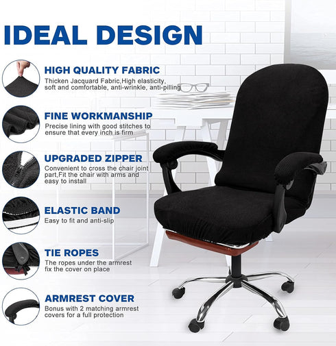 NeColorLife Stretchable Office Chair Cover with Armrest Covers, Large Size, Black, Thick Checked Jacquard