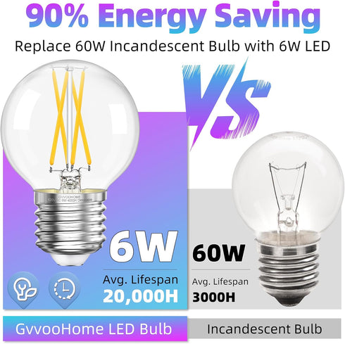 G16.5 Bulb Dimmable, 6W, 60 4000K E26 Bulb, Bulbs 90+CRI 600LM, 6 Pack GvvooHome LED watt Equivalent, Neutral White