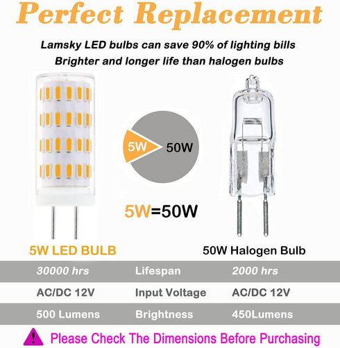 Lamsky GY6.35 Bulb 5W 50W 12V 6000K,GY6.35 Bulb Lighting,Non-dimmable(4-Pack) LED Equivalent to Halogen,AC/DC Daylight
