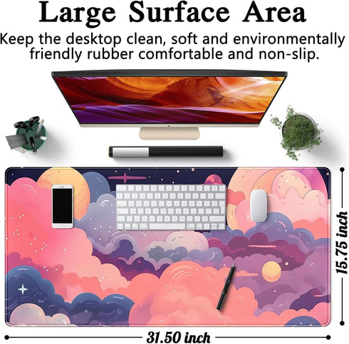 Cute Kawaii Clouds Desk Mat, Pink Purple XXL Large Mouse Pad for Gaming, Laptop, Computer Keyboard, Desk Decor 31.5''X