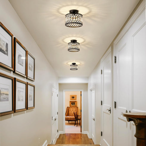 1-Light, 9 Inch Pevfah Crystal Black Ceiling Light, Modern Semi Flush Mount Ceiling Lighting Fixture, Round Hallway