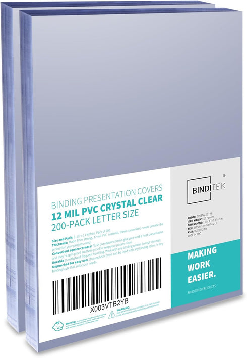 Binditek 200 Pack Clear PVC Binding Presentation Covers, 12 Mil, 8-1/2 x 11 Inches, Un-Punched Office Supplies