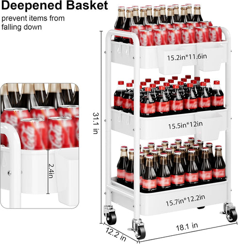 Aofure 3 Tier Rolling Cart Metal with Wheels, White Three Tiered Craft Cart Organizer on Wheels, Storage Utility Carts