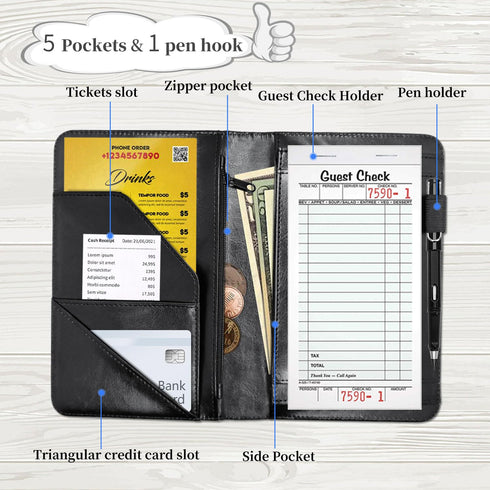 Qindaiwen Server Book Organizer with Zipper Pocket, PU Leather Restaurant Guest Check Presenters Card Holder