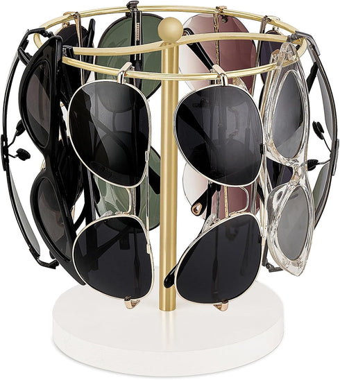 Mkono Sunglasses Organizer - Metal Frame with Wood Base for up to 12 Pairs of Eyewear Glasses, Gold