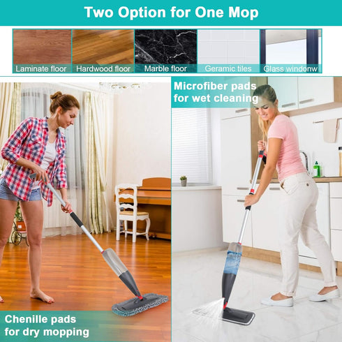 Spray Mop for Floor Cleaning, 3 Washable Pads, Wet Dry Microfiber Mop with 800ml Refillable Bottle for Kitchen