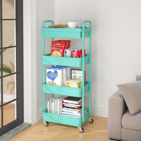 Calmootey 4-Tier Rolling Utility Cart with Drawer, Multifunctional Storage Organizer with Plastic Shelf & Metal Wheel,