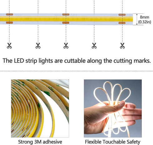 16.4ft(5M) 6000K 3 3 3 GOMING Motion Sensor COB LED Light Strip Cool White Lighting Modes Timing Off Modes Brightness