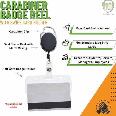 Specialist ID Premium 2 Pack Carabiner Badge Reels with Half Card Holders - Secure Swipe Access for POS Cards