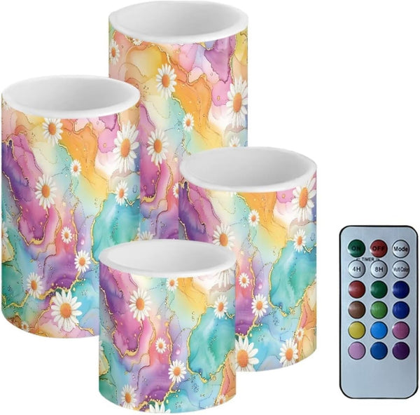 Cozeyat Pink Marble Dasiy Battery Operated LED Candles Set of 4 Flameless Pillar