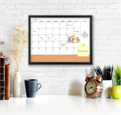Monthly Whiteboard Calendar with Cork Board for Wall, 17"x13", Magnetic Dry Erase Board with Black Wood Frame