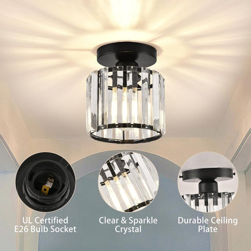 Crystal Ceiling Light Fixture, Modern Semi Flush Mount Chandelier, Black Close to Ceiling Lamp for Hallway, Kitchen