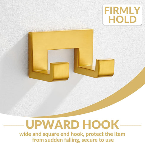 APLusee Brushed Gold Bath Robe Hook, 304 Stainless Steel Double L Shape Coat Hanger, Bathroom Home Accessories
