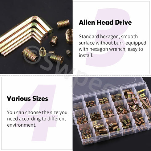 Swpeet 175Pcs M4 M5 M6 M8 M10 Metric Carbon Steel Color Zinc Plated Threaded Inserts Nuts and T-Nut 4 Pronged Tee Blind