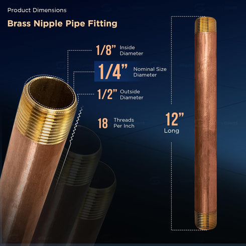 Everflow Supplies NPBR1412 Brass Nipple Pipe Fitting, 12" Long, 1/4" Nominal Diameter, NPT Ends