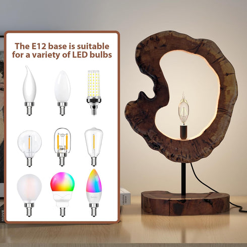 LAPTAIN E12, Wood Table Lamp, Irregular Jujube Tree Wooden Bedside Lamp, Creative Home Decor Table Lamp, Bedside Night