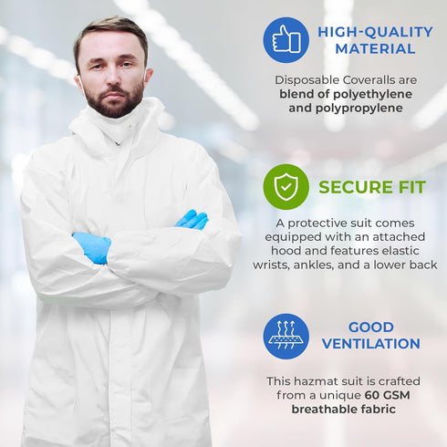 Pack 5 60 AMZ Medical Supply White Disposable Coveralls with Hood, Large. of Microporous Lab Coveralls for Men