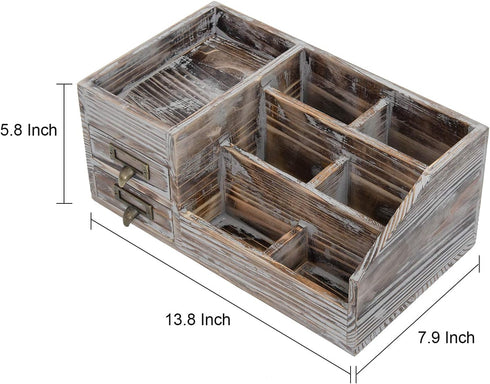 Liry Products Rustic Torched Wooden Desktop Organizer, Dark Brown Tabletop Storage Cabinet with 2 Tier Drawers
