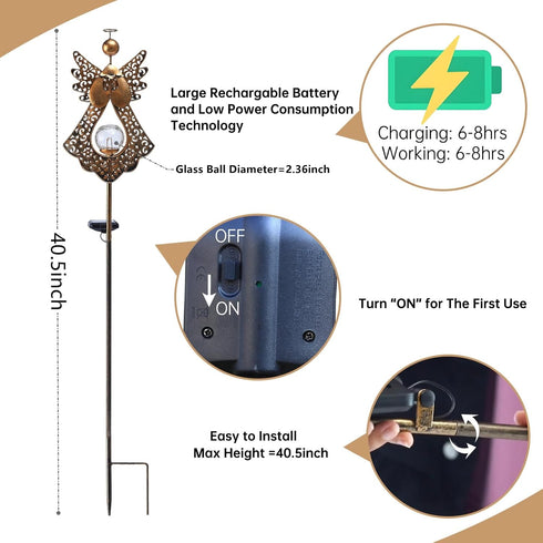 40.5 inches Starryfill Angel Stake Solar Lights with Crackle Glass Globe Waterproof Warm White LED, Height Metal Bronze