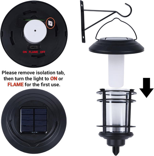 2 Pack Dynaming Solar Flame Wall Lanterns, Outdoor Solar Wall Hanging Lights, Flickering Flame LED Lights Auto On/Off