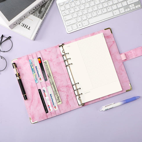 Toplive A5 Notebook Binder 6 Ring Refillable Binder, PU Leather Planner Binder Personal Budget Binder Organizer Cover with Magnetic Closure for A5 Filler Loose Leaf Paper, Marble Pink by Toplive