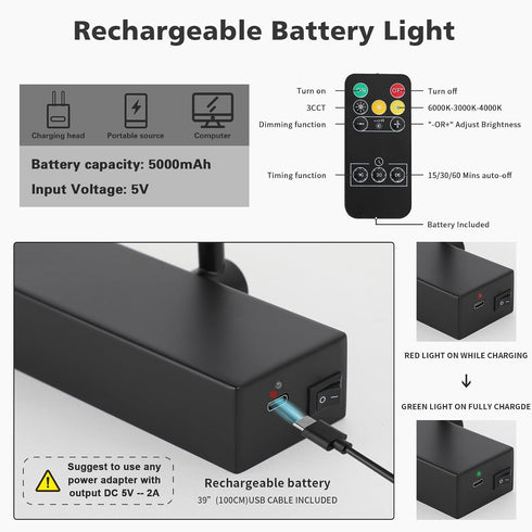 15Inch 5000mAh Dimmer Joosenhouse Wireless Picture Light Battery Operate Library Light Rechargeable Gallery Light