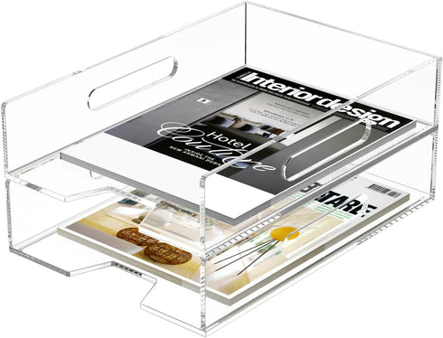 HIIMIEI Clear Acrylic Paper Organizer for Desk, Stackable 2 Tier Letter Tray for Home, School, Office