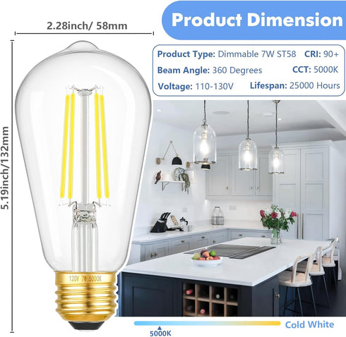 6-Pack Dimmable LED Light Bulbs, 7W 60Watt Equivalent Edison Bulbs, 900LM Ultra Bright LED Bulbs, 5000K Daylight White, ST58 Vintage Antique Bulbs, E26 Medium Base, CRI90+, Clear Glass, No-flicker by Kondras