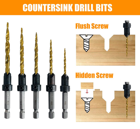 9Pcs Wood Countersink Drill Bit Set, Titanium Tapered Drill Bits for Woodworking and Carpentry