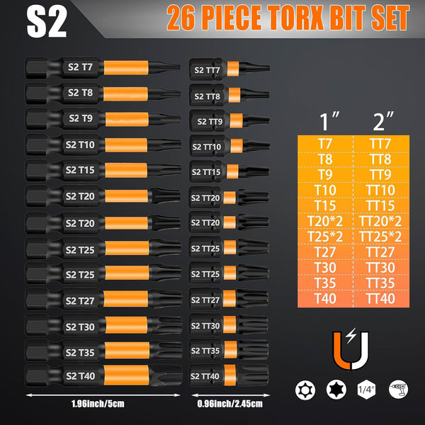 Torx Screwdriver Set 26pcs (T7-T40 TT7-TT40), Security Tamper Proof Bit Set, 1/4 Hex Bit Set