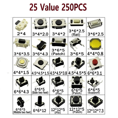 250pcs Tactile Push Button Switch SMD Micro Momentary Tact Switch Assortment Kit, 25 Values