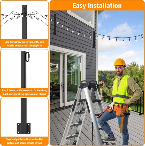 SINLEY 2.8Ft 4 Pack,Light String Light Poles Poles for Outside Lights,Outdoor with Fence Brackets Hanging Lights,Metal