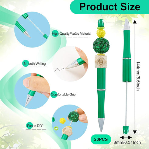 Beadthoven 20pcs Plastic Beadable Pen, Bead Ballpoint Pen Shaft Black Ink Bead Pens for DIY Pen Decorations Supplies Office School (Spring Green)