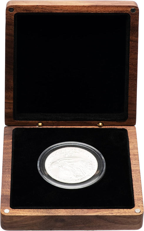 COSISO Single Walnut Wood Challenge Coin Presentation Display Box Storage Case and Plastic Coin Capsules