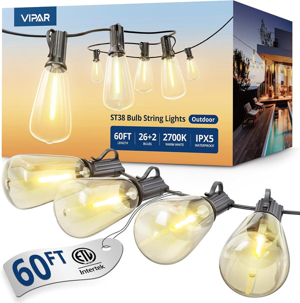 VIPAR Outdoor String Lights 60FT LED Patio Lights LED Waterproof with 26+2