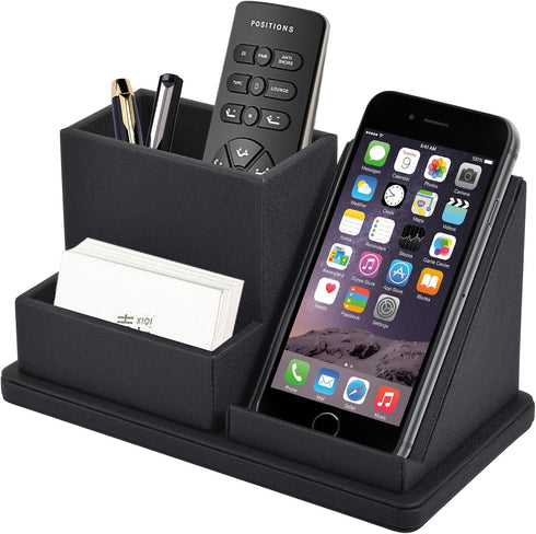 Black Pu Leather Desk Pen/Pencil Organizer with 3 Compartments, Multi-Function Storage Box for Office Supplies