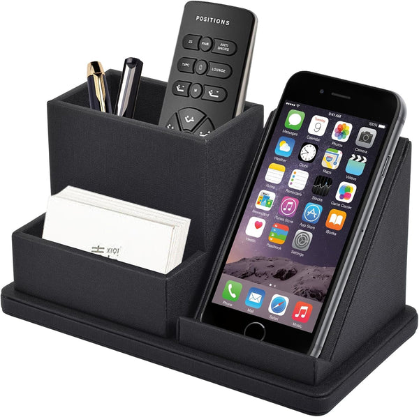 Black Pu Leather Desk Pen/Pencil Organizer with 3 Compartments, Multi-Function Storage Box for Office Supplies