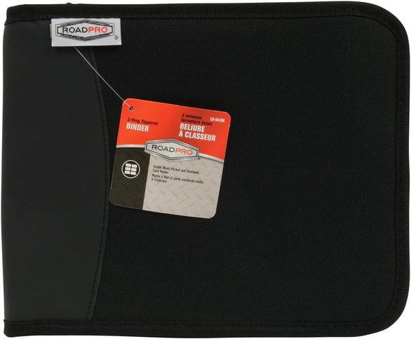 RoadPro 3-Ring Zippered Binder, Black, for Loose-Leaf Log Sheets, 10.5" x 8.5"