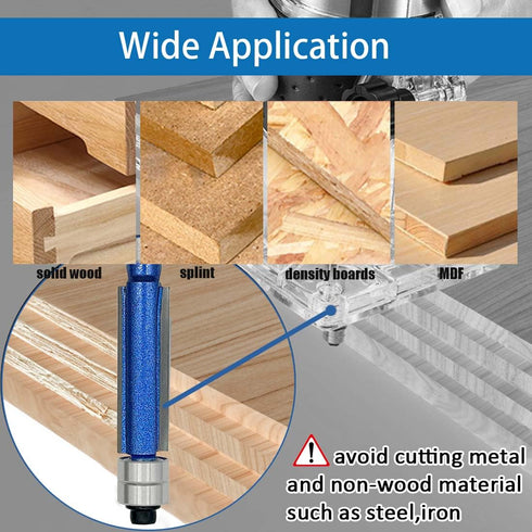 4Pcs Trimming Set, 1/4 Inch Set Woodworking,1/4", 5/16", 3/8", 1/2" Top Double Bearing Flush Router Bits Shank Bottom