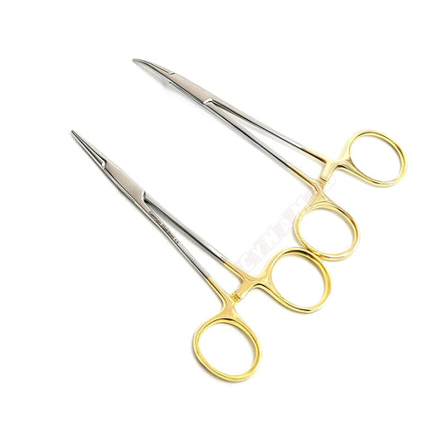 Premium German Stainless Steel, Set of 2 PCS Gold Handle Mosquito Locking HEMOSTAT Forceps, Straight + Curved 5"