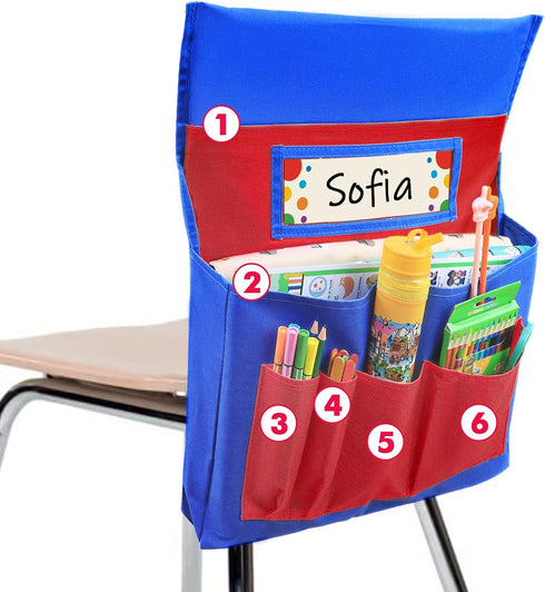 School Seat Chair with Storage Pocket Organizer, Multiple Pockets for Home, Classroom, Preschool (Red+Blue)