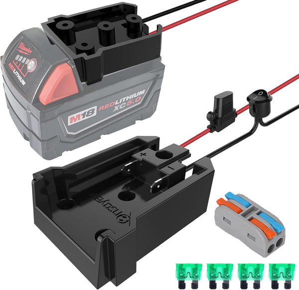 Power Wheel Adapter with Fuse & Switch for Milwaukee 18V Battery, Non-Blown Tight Battery Adapter, 4Pcs 30A Fuse