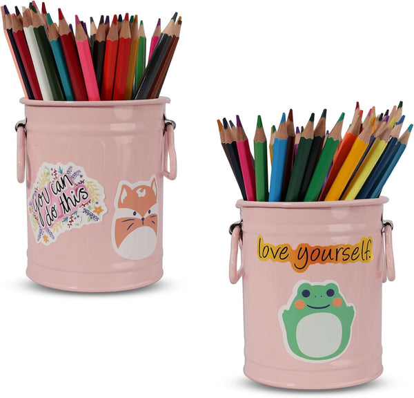 Pen Holder Cup for Desk, 2 Pack (Pink) with 60 Pcs Cute Animal & 50 Pcs Inspirational Stickers, Metal Marker Organizer