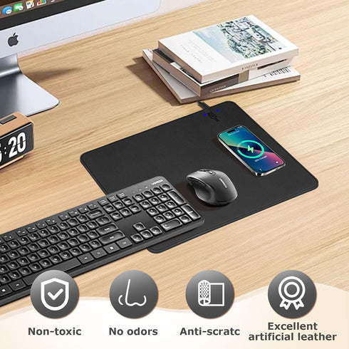 Firelison 2 1 12" 10"Black Wireless Charging Mouse Pad in Leather Multifunctional Office Desk Pad with Non-Slip Rubber