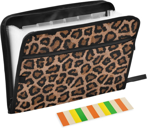 Black Leopard 13 Pocket Expanding File Folder with Labels, A4 Document Folder with Zipper Closure