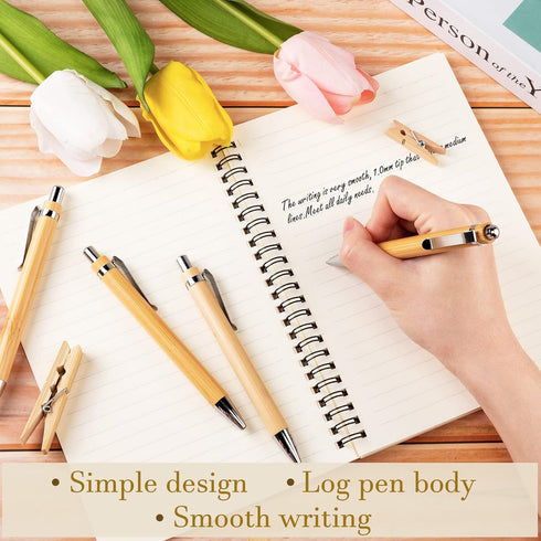 Bamboo Retractable Ballpoint Pen, Black Ink 1 mm Sustainable Writing Pen for Office and School Supplies (60 Pcs)