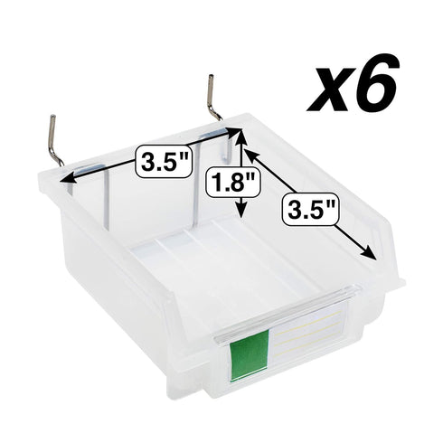 Pegboard Bins - 3.5" Bins, 6 Pack Clear - Hooks to Any Peg Board - Organize Hardware, Accessories, Attachments, Workbench, Garage Storage, Craft Room, Tool Shed, Hobby Supplies, Parts