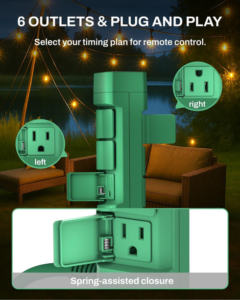 BN-LINK 100FT 6 6ft 1875W/15A,Christmas Outdoor Power Stake Timer, Wireless Remote Control, Dusk to Dawn Sensor