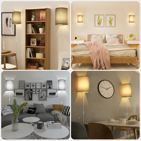 Set 3 Wall Sconces of Two, Fabric Shades Plug in Wall Sconces, Color Temperature Switching Modern Wall Light Fixtures